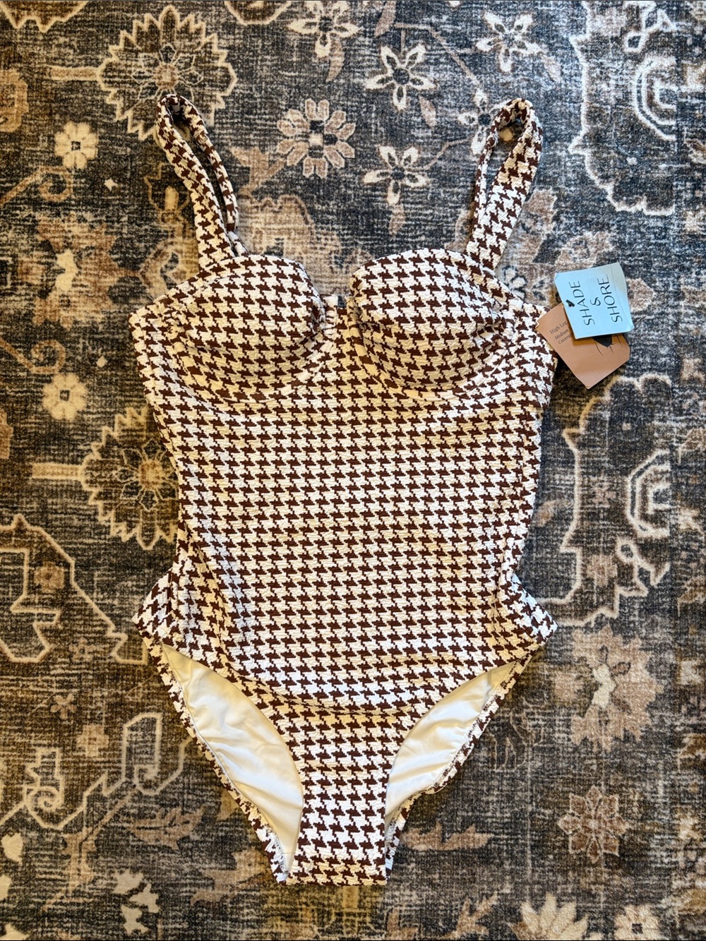 Shade & Shore Brown and Cream Houndstooth One-Piece Swimsuit